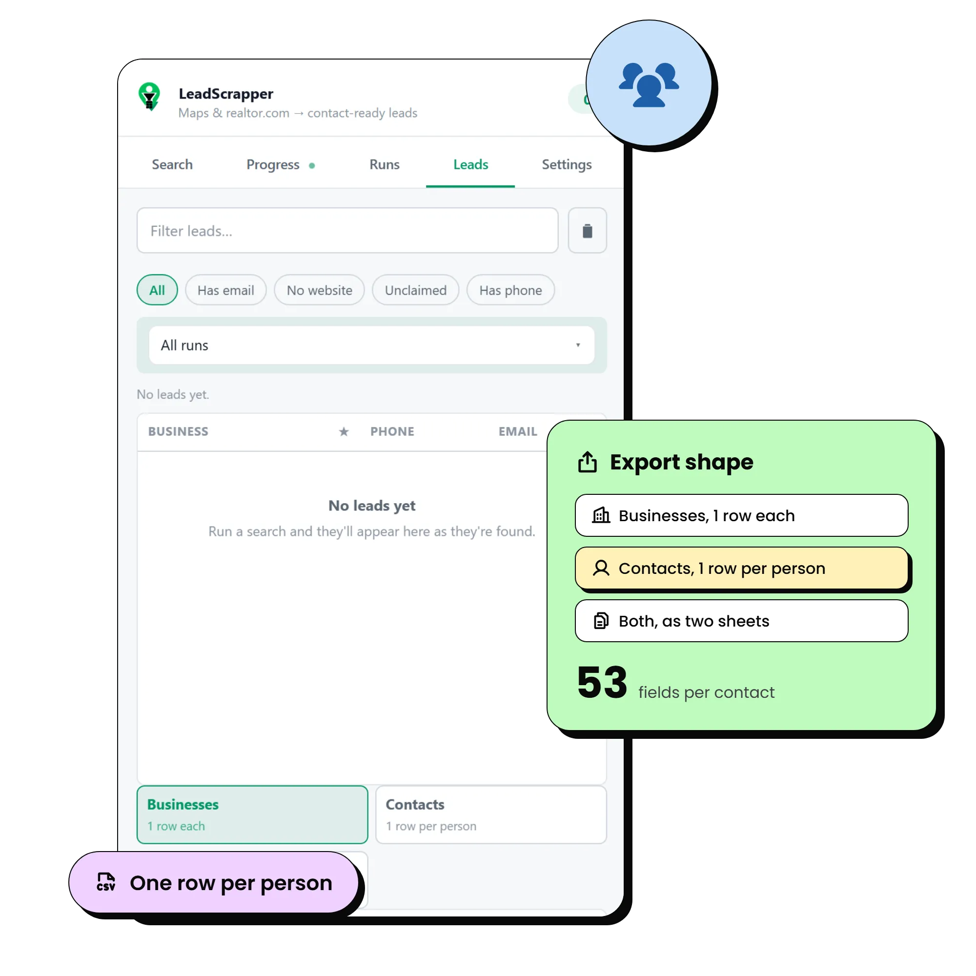 The Leads tab and the three export shapes: businesses, contacts, or both
