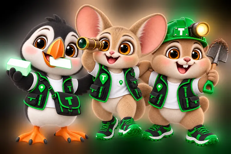 The LeadScrapper team: Tessa the puffin, Toby the bush baby and Teddy the pocket gopher