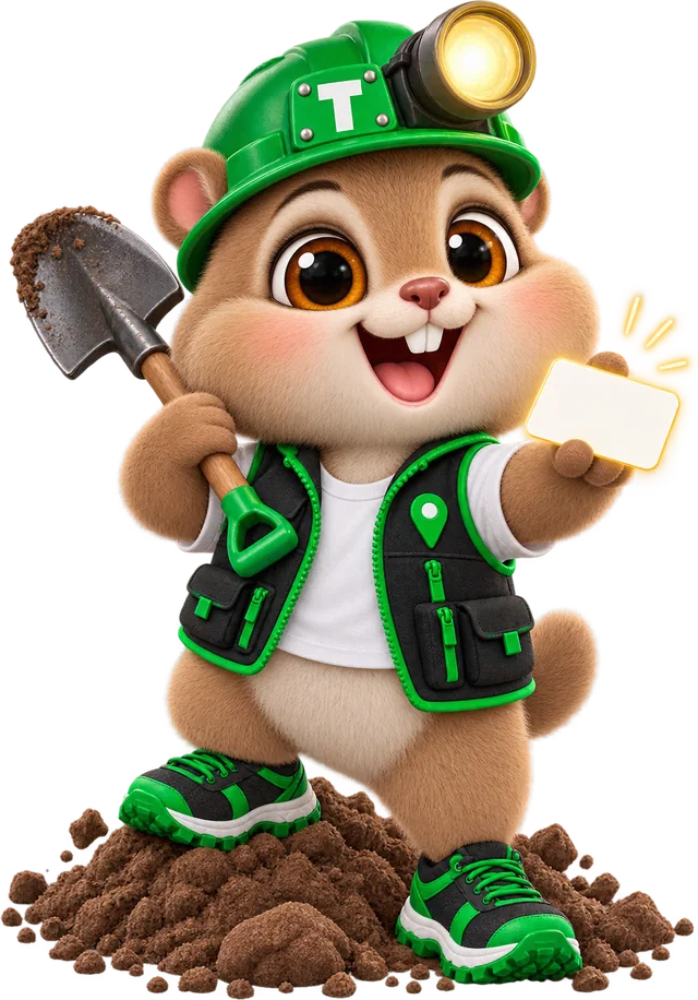 Teddy the pocket gopher, LeadScrapper's digger, in his green miner helmet