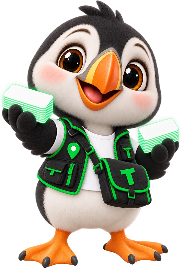 Tessa the puffin, LeadScrapper's data collector, holding stacks of contact cards
