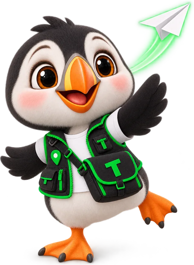 Tessa the puffin sending a contact card off as a paper plane