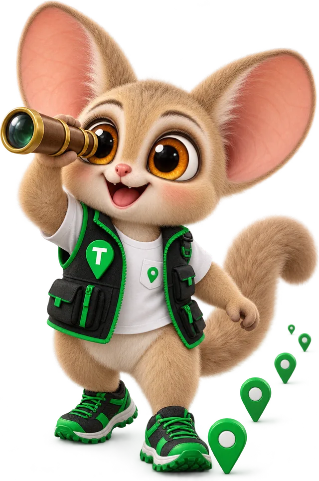 Toby the bush baby, LeadScrapper's mascot, looking through a brass spyglass