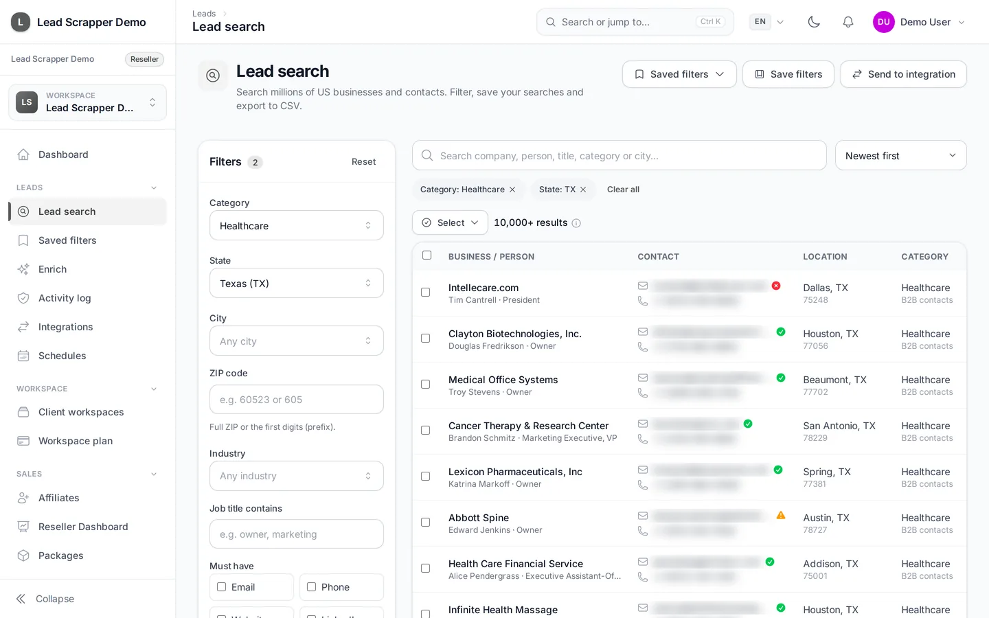 LeadScrapper lead search filtered to Healthcare in Texas with 10,000+ results, listing business, person and title, contact details (blurred) with email-check badges, location and category.