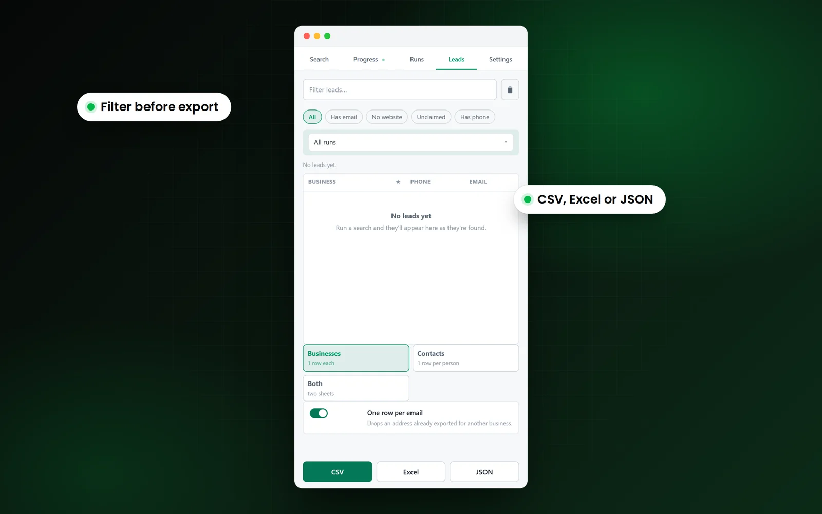 The LeadScrapper Chrome Extension Leads tab with filters for has email, no website, unclaimed and has phone, with callouts for filtering before export and CSV, Excel or JSON export.