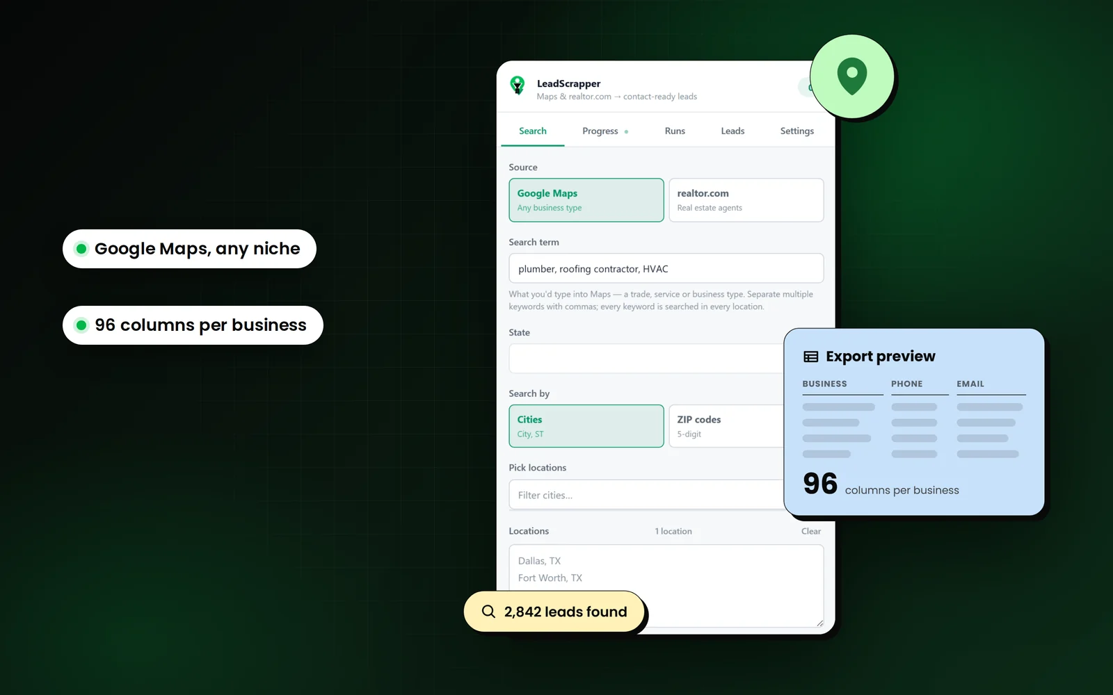 The LeadScrapper Chrome Extension searching Google Maps for local trades with an export preview, with callouts for any niche on Google Maps and 96 columns per business.