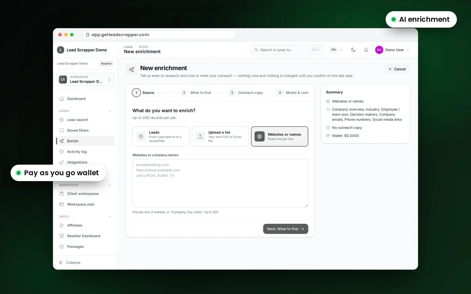 LeadScrapper AI enrichment wizard, step one, choosing leads, an uploaded list or pasted websites, with callouts for AI enrichment and the pay-as-you-go wallet.