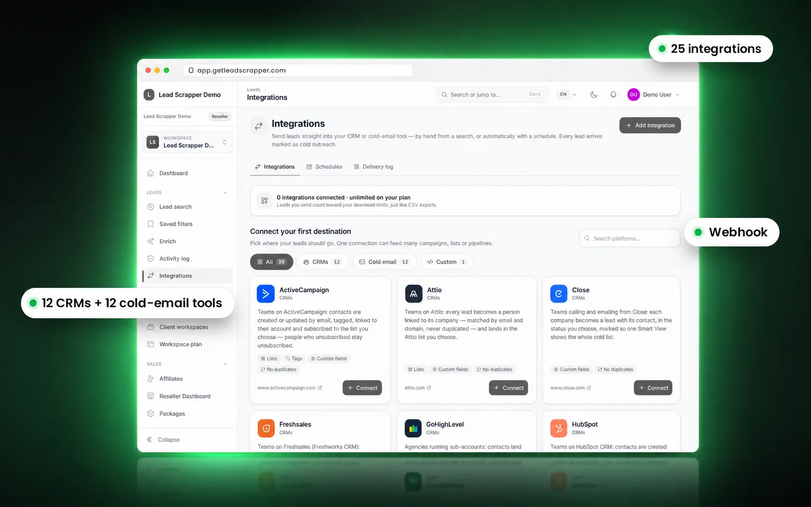 LeadScrapper integrations page listing CRM destinations with Connect buttons, with callouts for 25 integrations, 12 CRMs plus 12 cold-email tools, and a webhook.