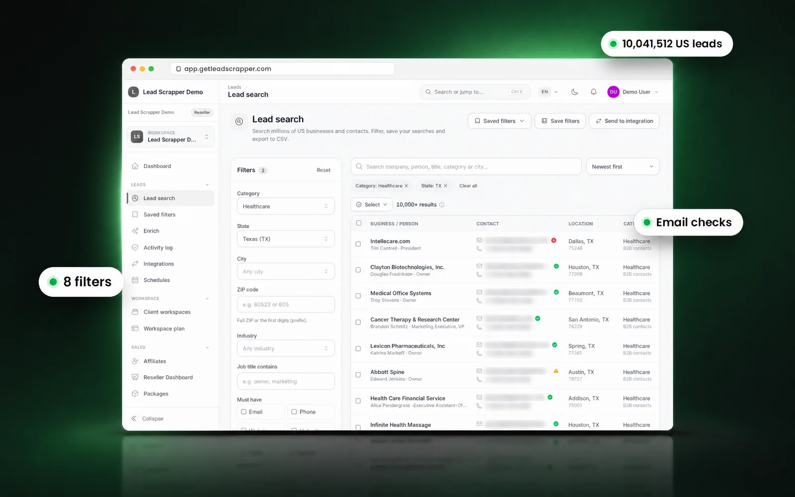 LeadScrapper lead search in a browser window, filtered to Healthcare in Texas, with callouts for 10,041,512 US leads, 8 filters and email checks; contact details are blurred.