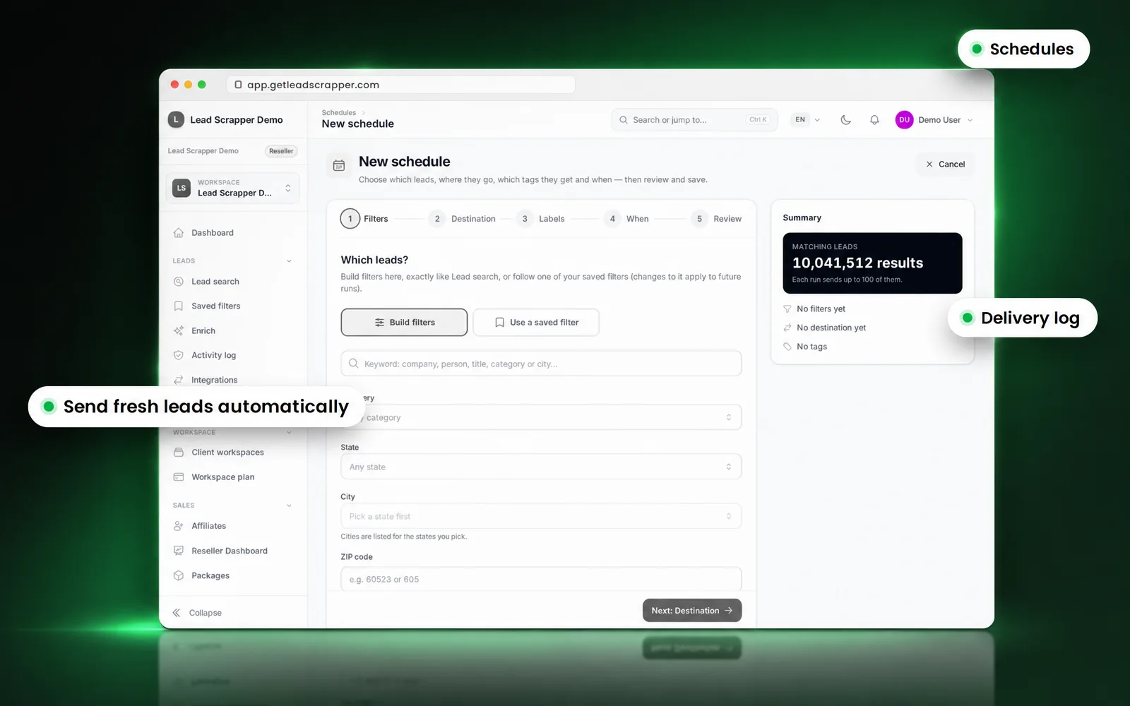 LeadScrapper new schedule wizard with its five steps and lead filters, with callouts for schedules, sending fresh leads automatically and the delivery log.