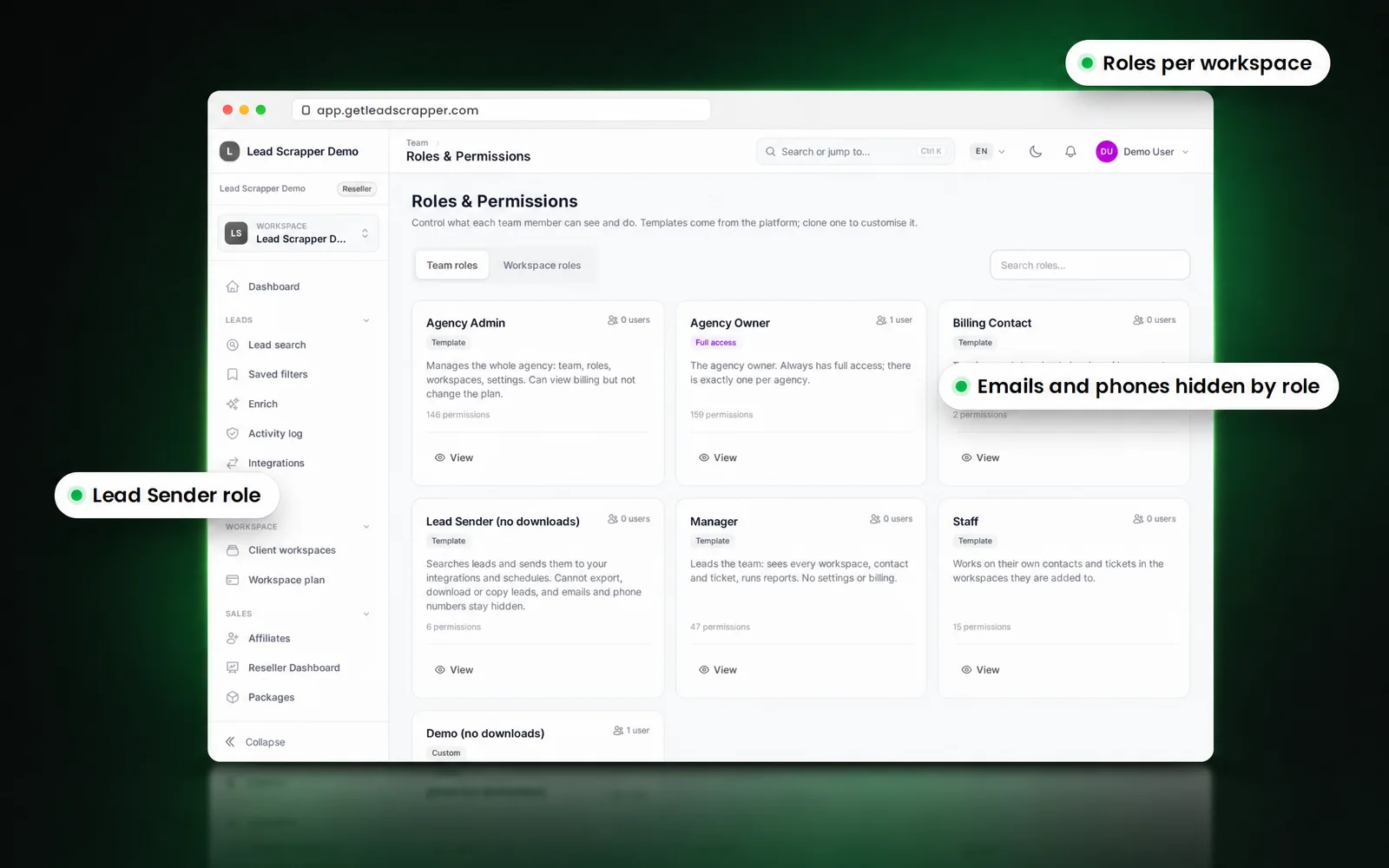 LeadScrapper roles and permissions page with team role cards including Lead Sender (no downloads), with callouts for roles per workspace, the Lead Sender role and hiding emails and phones by role.